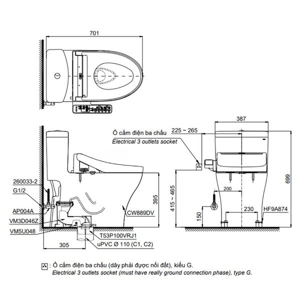 Bàn cầu 1 khối kèm nắp rửa điện tử WASHLET dòng S5 TOTO MS889CDRW25 - Ảnh 2
