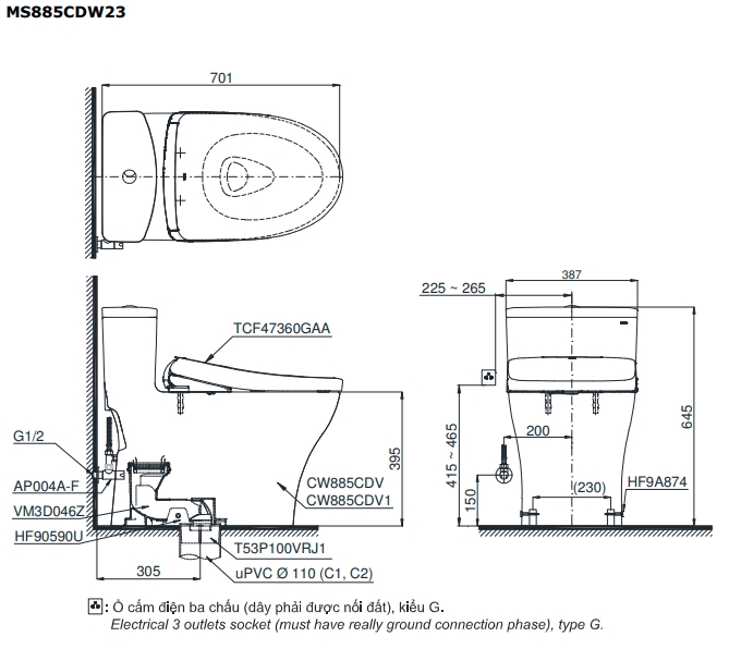 Bồn cầu 1 khối nắp rửa điện tử Washlet S7 Toto MS855CDW23 - Ảnh 2