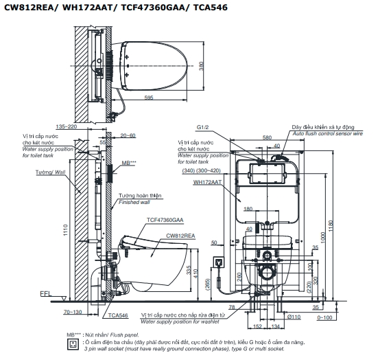 Bồn cầu treo tường nắp rửa điện tử Toto CW812REA-TCF47360GAA-WH172AAT-TCA546-MB174P#SS - Ảnh 2