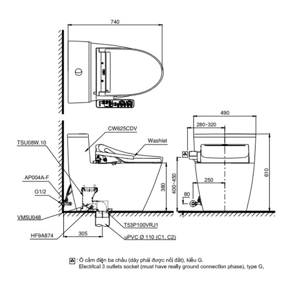 Bàn cầu 1 khối kèm nắp rửa điện tử WASHLET dòng S5 TOTO MS625CDW25 (giấu dây) - Ảnh 2