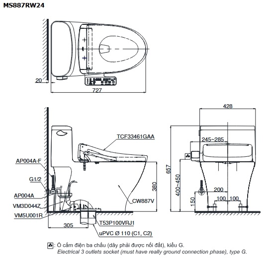 Bồn cầu 1 khối kết hợp nắp rửa điện tử TOTO CW822REA-WH172AAT-TCF47360GAA-TCA546-MB175M#SS - Ảnh 2