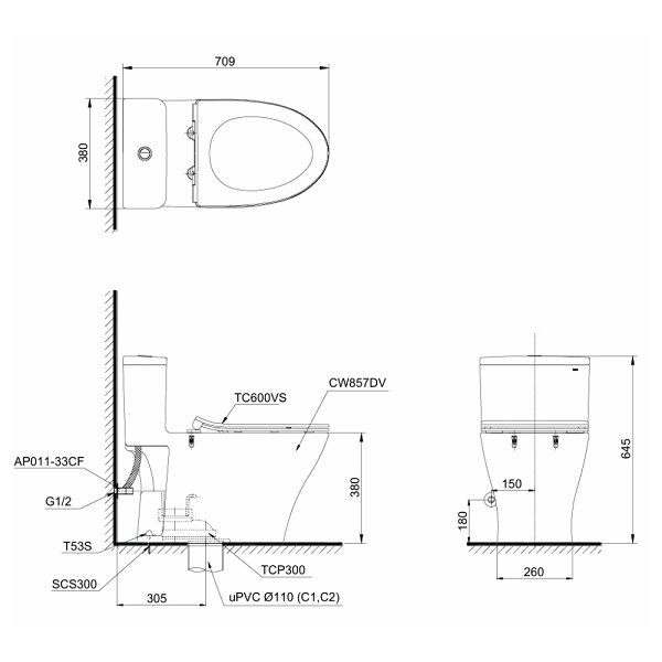 Bồn cầu 1 khối TOTO MS857DT8 nắp êm TC600VS - Ảnh 2