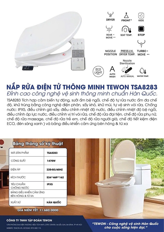 Nắp bồn cầu thông minh Tewon TSA8283 - Ảnh 7