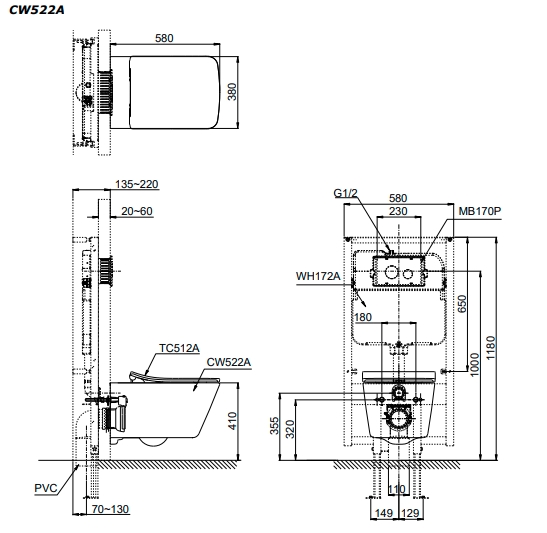 Bồn cầu treo tường Toto CW522A-WH172A-TC512A-MB171M#SS - Ảnh 2